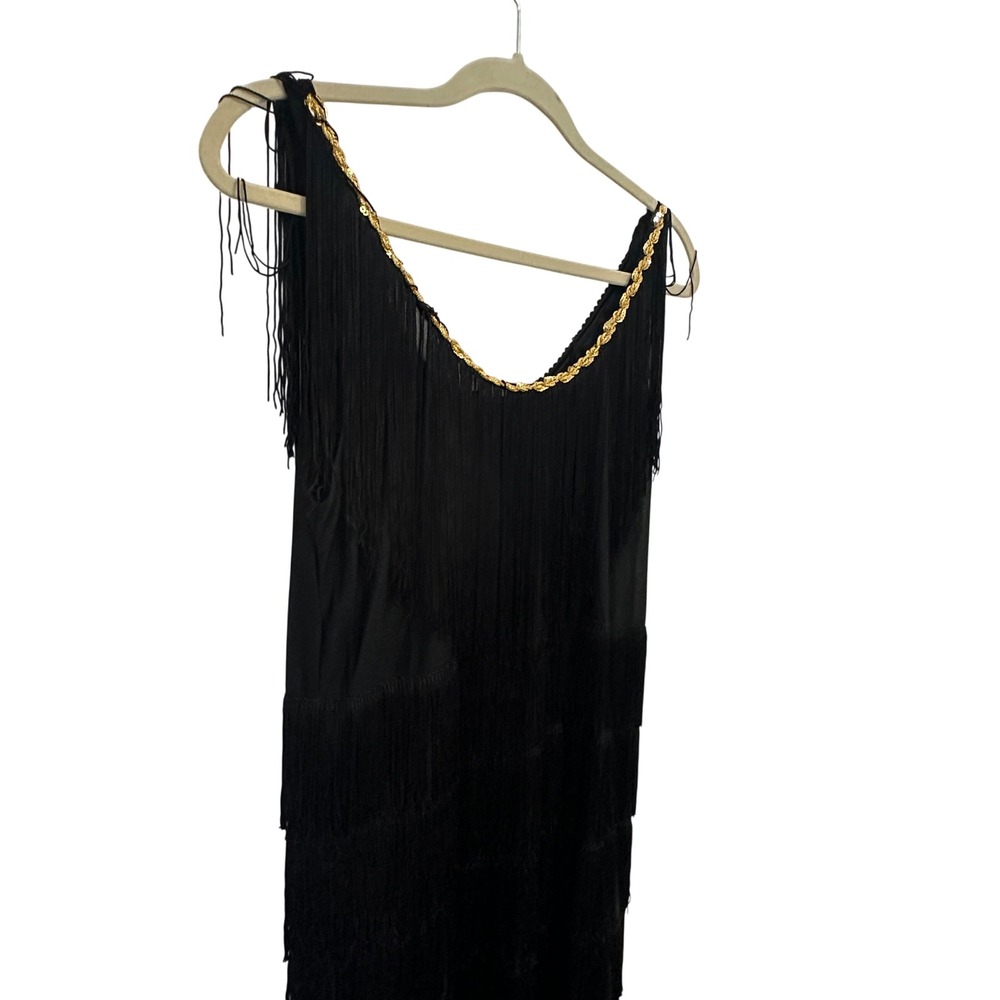 Flapper Fringe Dress Black Gold Sequin Trim 1920s Style Gatsby Party Sleeveless